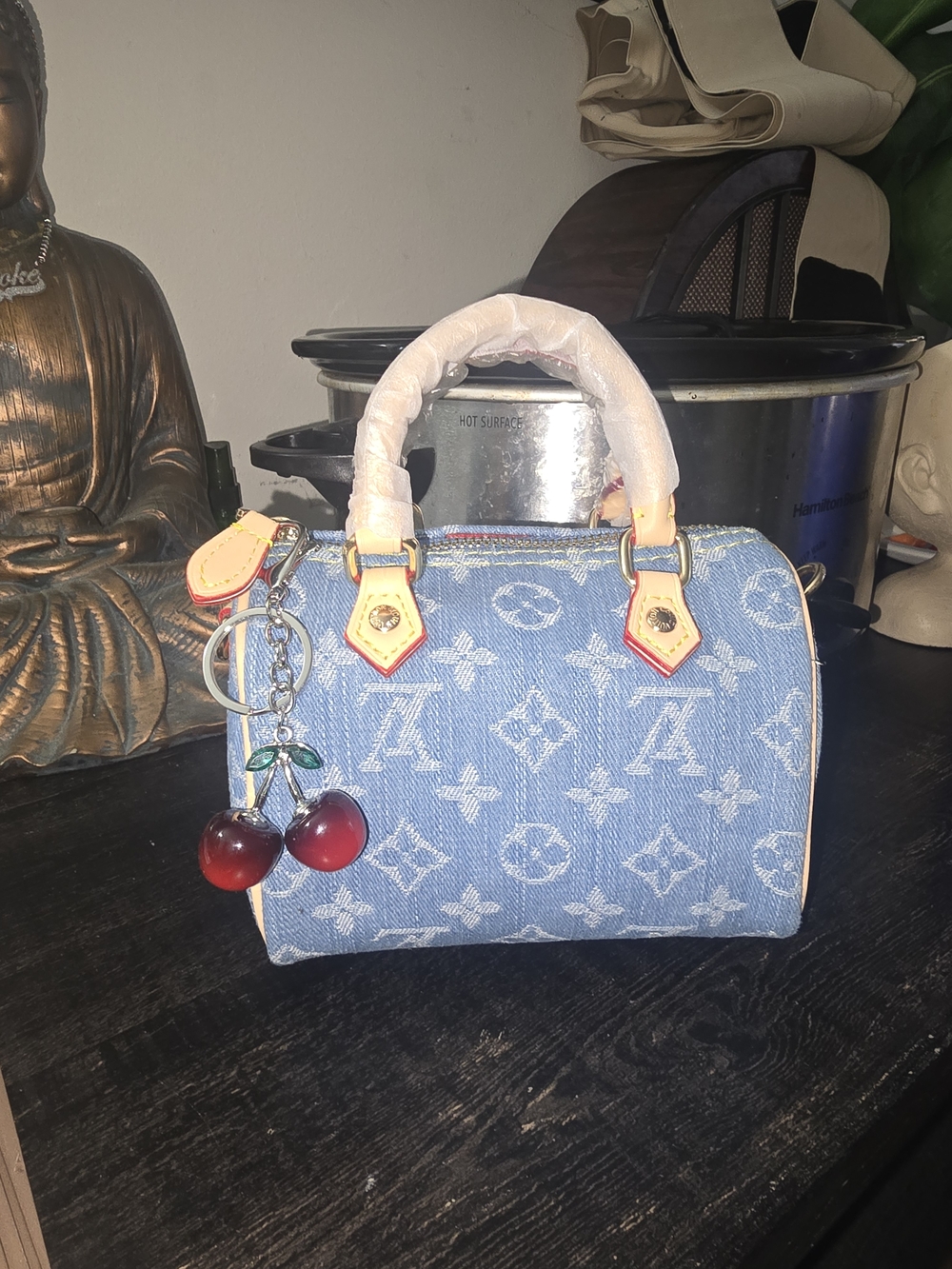 Blue Monogram Denim Satchel Handbag with Cherry Charm